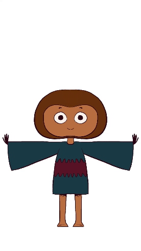 Cartoon character with brown hair, wearing a teal and maroon outfit, with arms outstretched, standing on a white background.