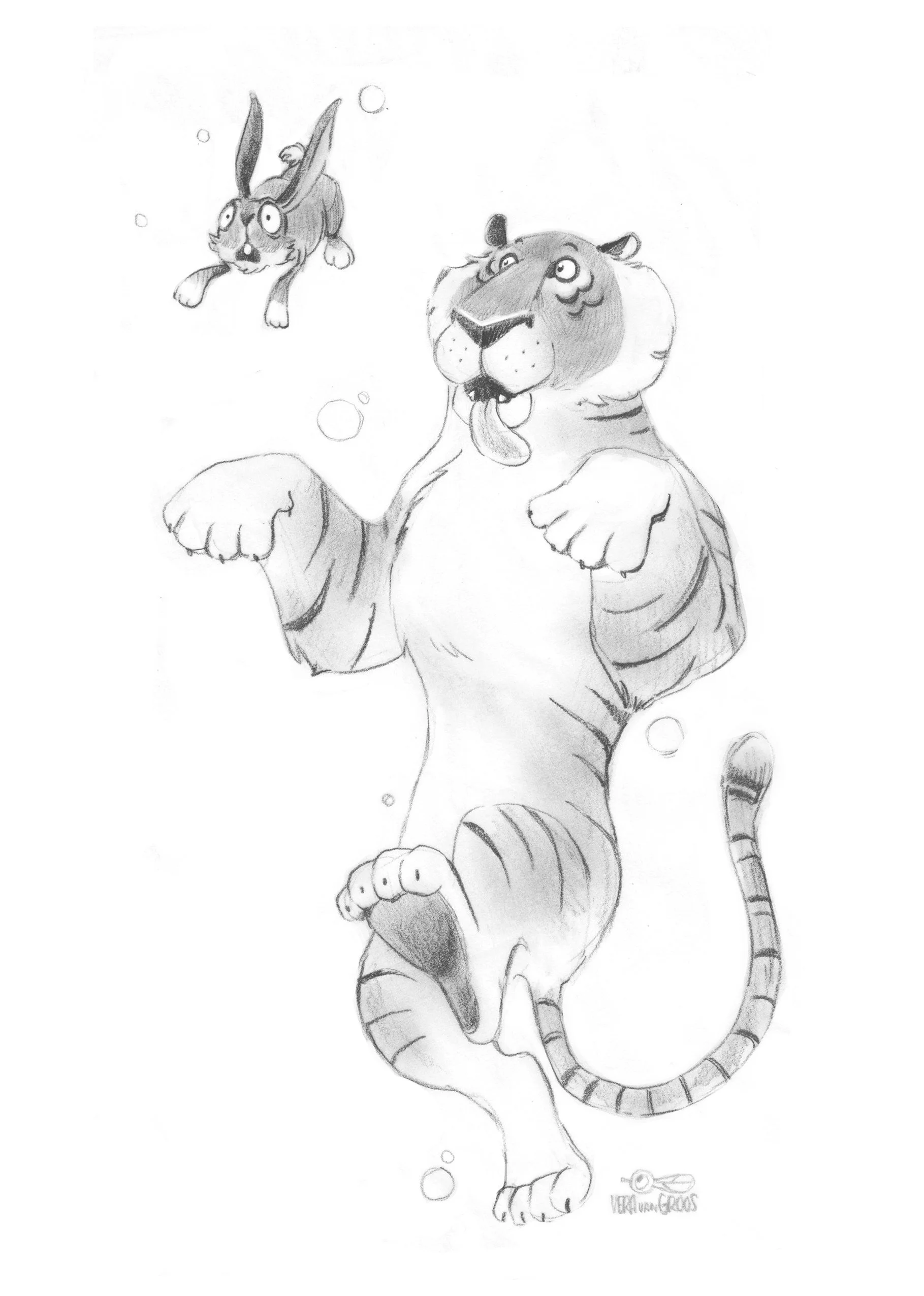 A pencil sketch of a tiger with an expressive face and a tongue hanging out, playing with a small, animated rabbit underwater, with bubbles around them.