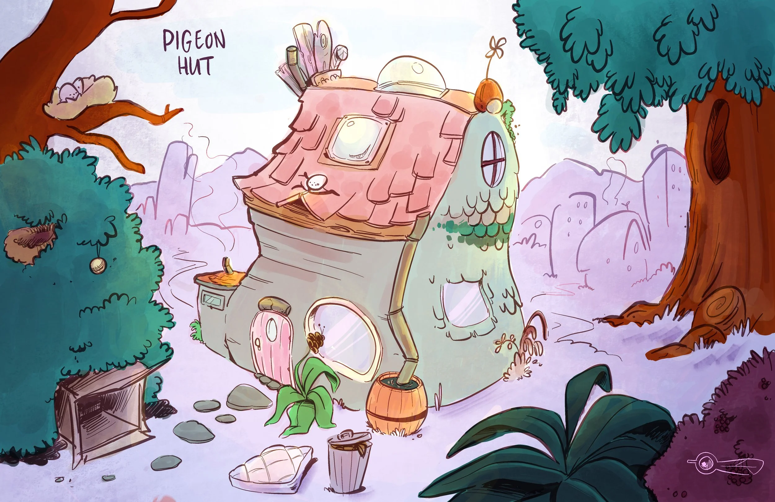 Colorful illustration of a whimsical house with a pink, shingled roof, round windows, and a curved chimney surrounded by trees and bushes, with a person sitting outside and a bird nesting on a branch labeled 'Pigeon Hut'.