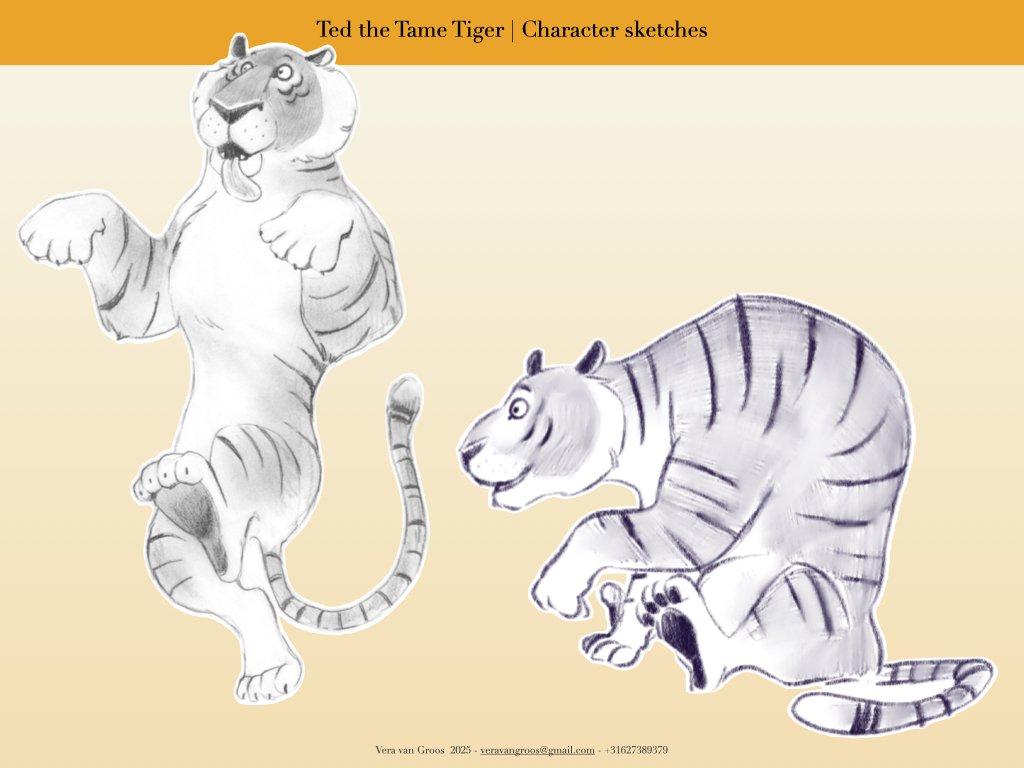 Sketches of two tigers on a beige background, one standing upright on its hind legs and the other sitting on the ground. The sketches are labeled as character sketches from Ted the Tame Tiger.