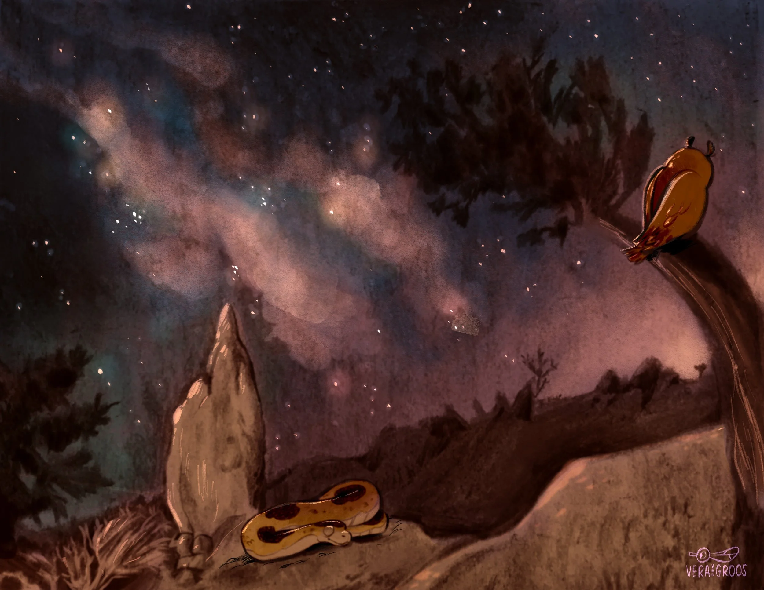 A painting of a night sky with stars, trees, and mountains. A guitar is lying on the ground, and two birds are perched on a curved branch.