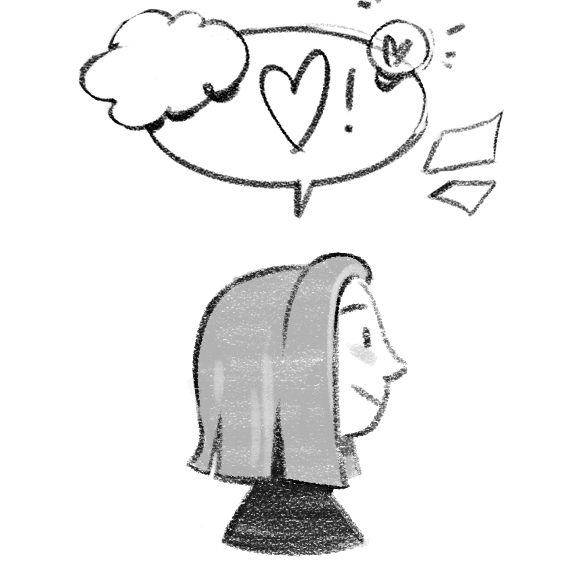 A drawn side profile of a woman with shoulder-length hair, looking thoughtful. Above her head is a speech bubble with a heart, a cloud, and an exclamation point, suggesting she is thinking or feeling love or excitement.