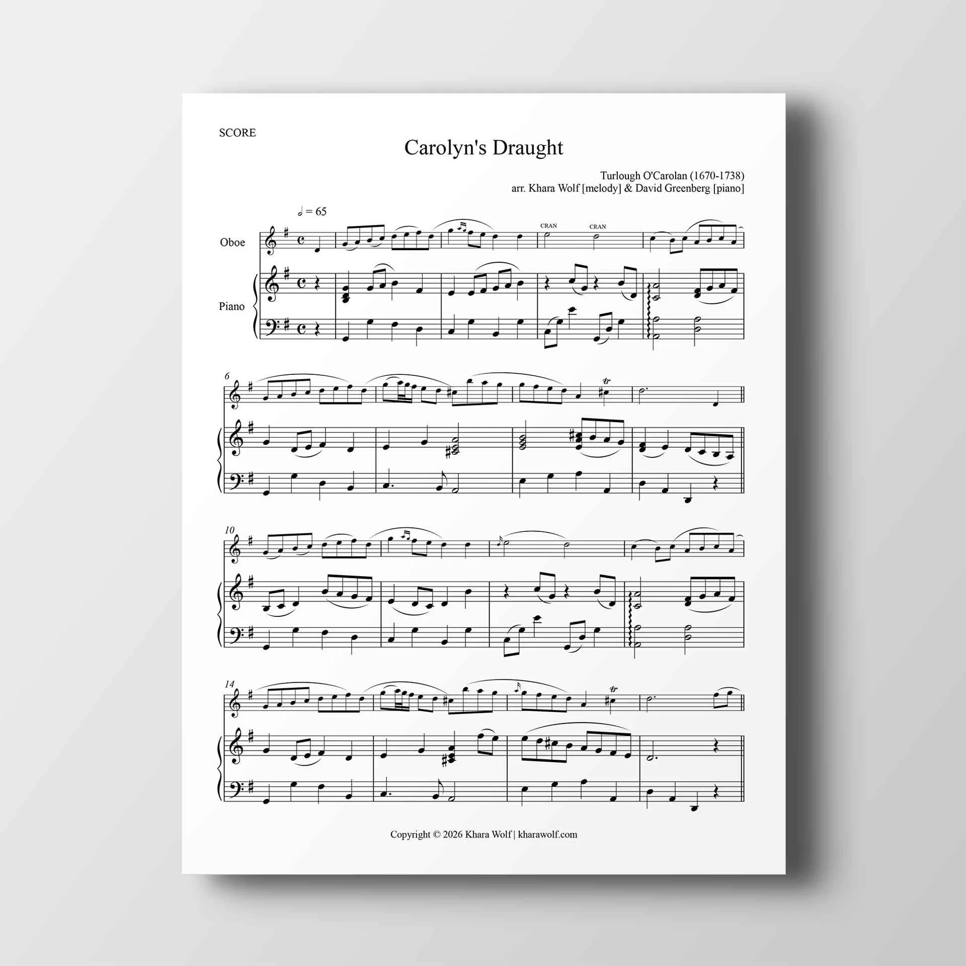 Carolan's Draught - Sheet Music for Oboe (or Flute/Violin) + Piano Score