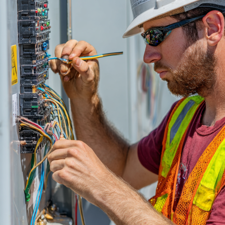 A male electrician wearing safety glasses, a white hard hat, and a reflective safety vest working on an electrical panel with multicolored wires.