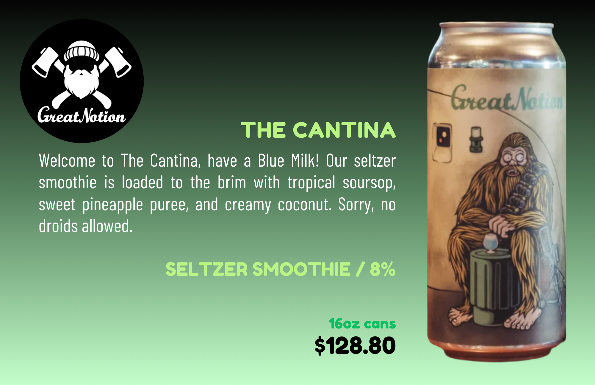 Product label for a Great Notion Seltzer Smoothie, 8% alcohol, featuring an illustration of a Bigfoot-like creature with long hair and beard, sitting with a drink, on an aluminum can.
