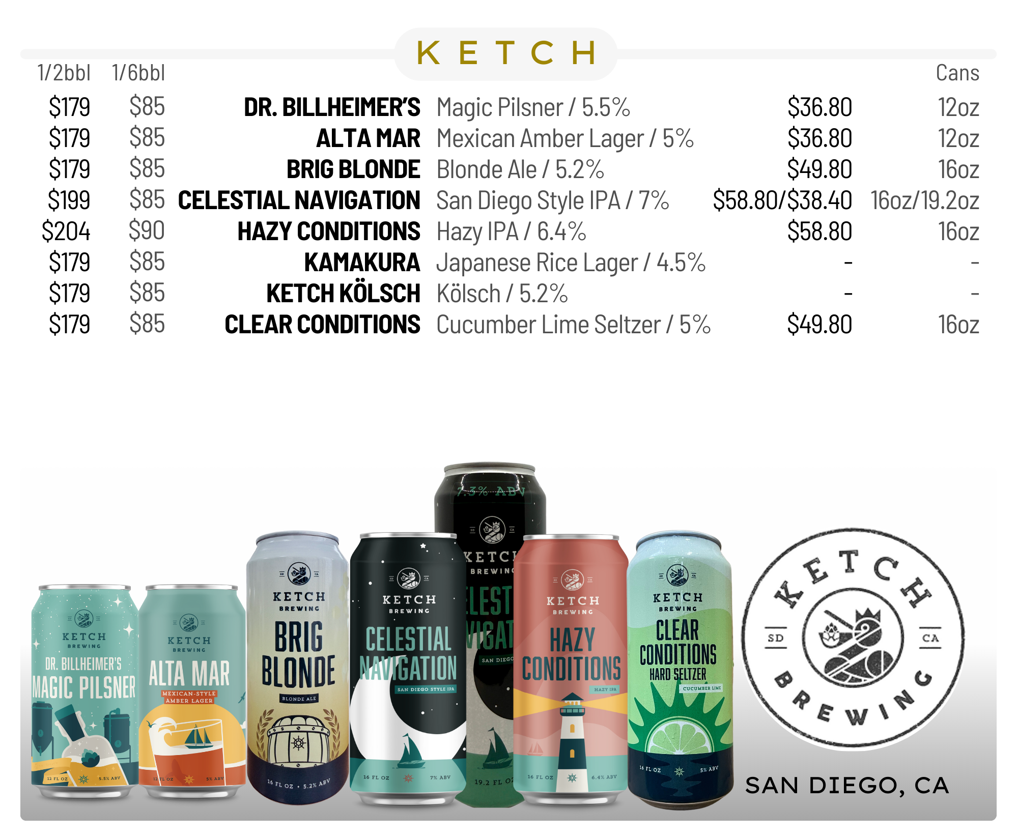 Display of various craft beer cans from Ketch Brewing in different flavors including Dr. Billheimer's Magic Pilsner, Alta Mar Mexican Amber Lager, Brig Blonde, Celestial Navigation San Diego Style IPA, Hazy Conditions Hazy IPA, Kamakura Japanese Rice Lager, Ketch Kölsch, and Clear Conditions Cucumber Lime Seltzer, arranged in front of a window with a logo and a can at the bottom.