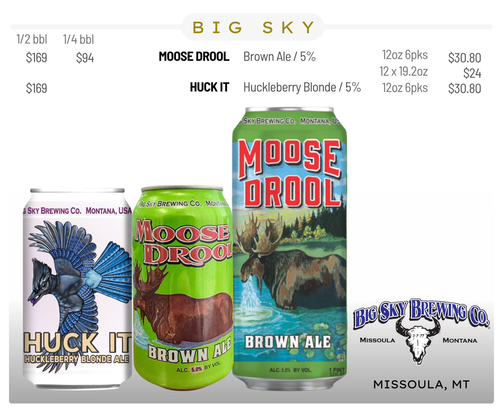A promotional display for Big Sky Brewing Co. featuring two cans of Moose Drool Brown Ale, one with a colorful moose illustration and another with a detailed forest scene and a moose. The cans are accompanied by descriptive text including beer type, alcohol content, price, and brewery location in Missoula, Montana.