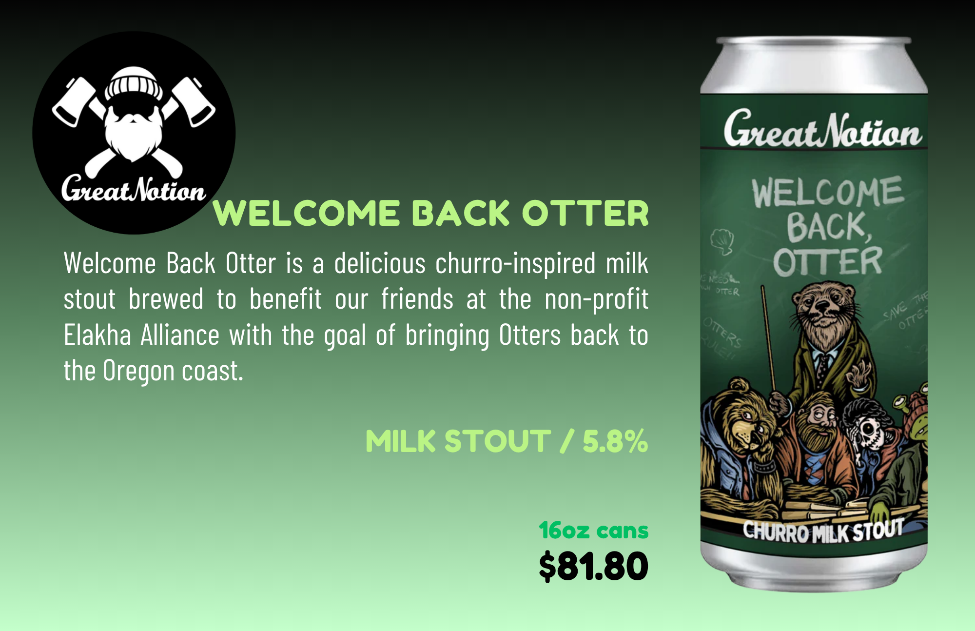 A promotional graphic for Great Notion's 'Welcome Back Otter' milk stout. The graphic features a black logo with a bearded otter wearing a beanie, flanked by two beer mugs. Text explains that the milk stout is a churro-inspired beverage supporting a non-profit organization, with details about alcohol content, volume, and price.
