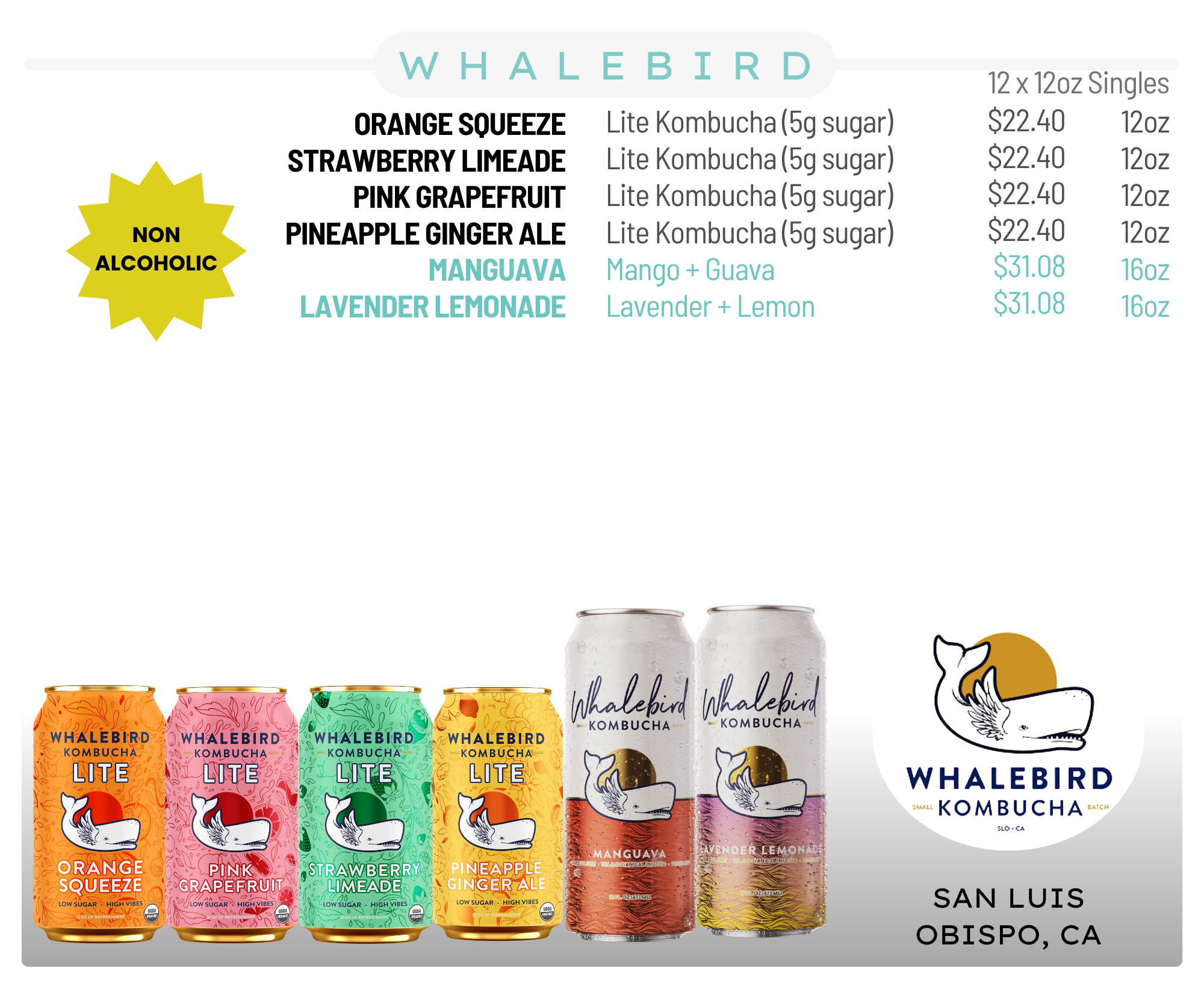 Display of Whalebird Kombucha cans in assorted flavors including Orange Squeeze, Pink Grapefruit, Strawberry Limeade, Pineapple Ginger Ale, Manguava, and Lavender Lemonade, with a white logo featuring a whale with wings.