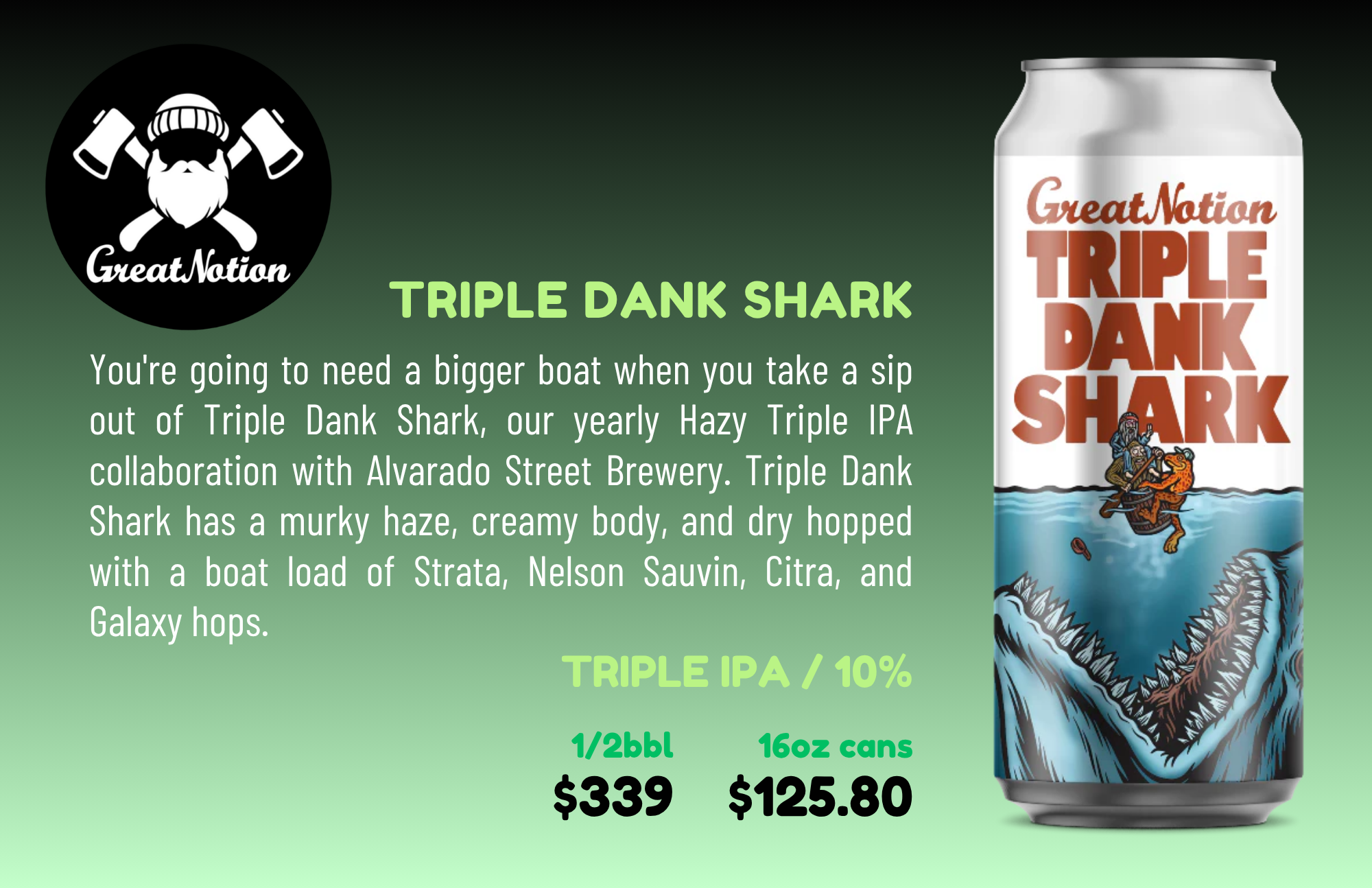 A can of Great Notion Triple Dank Shark beer with a shark illustration biting a boat, and a hat logo with two crossed beer mugs and a bearded face, alongside a description of the beer and pricing.