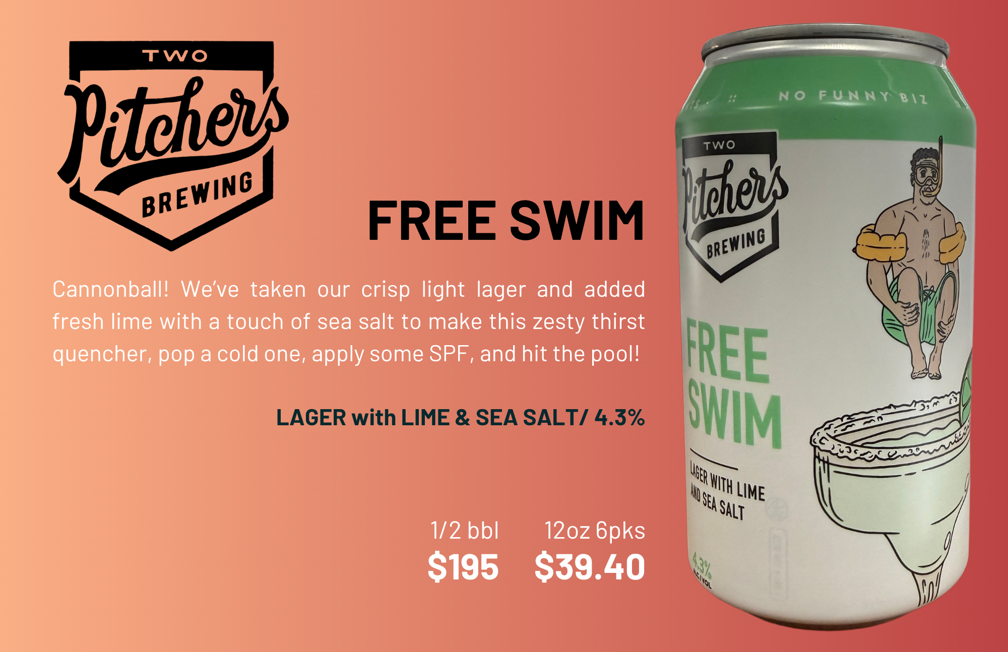 A promotional banner for Two Pitchers Brewing featuring a can of Free Swim beer with a mountain illustration and a person in a diving mask holding a swim ring, with text promoting a free swim event and details about the beer's flavor and pricing.