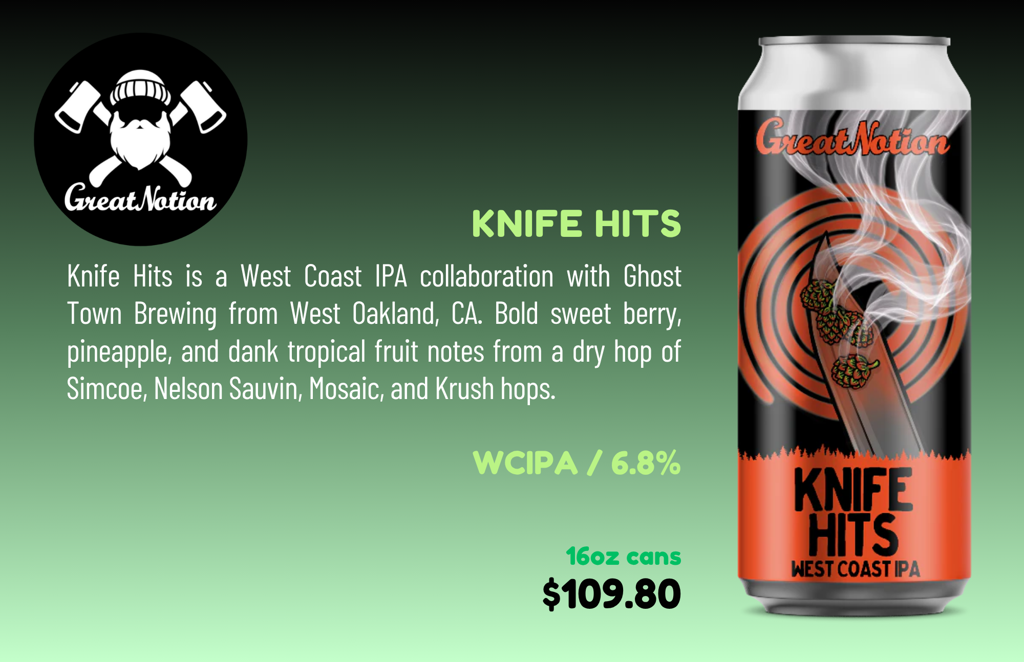 A can of Great Notion's Knife Hits West Coast IPA with a black label featuring an abstract design with steam and hops and the brand name in bold orange letters.