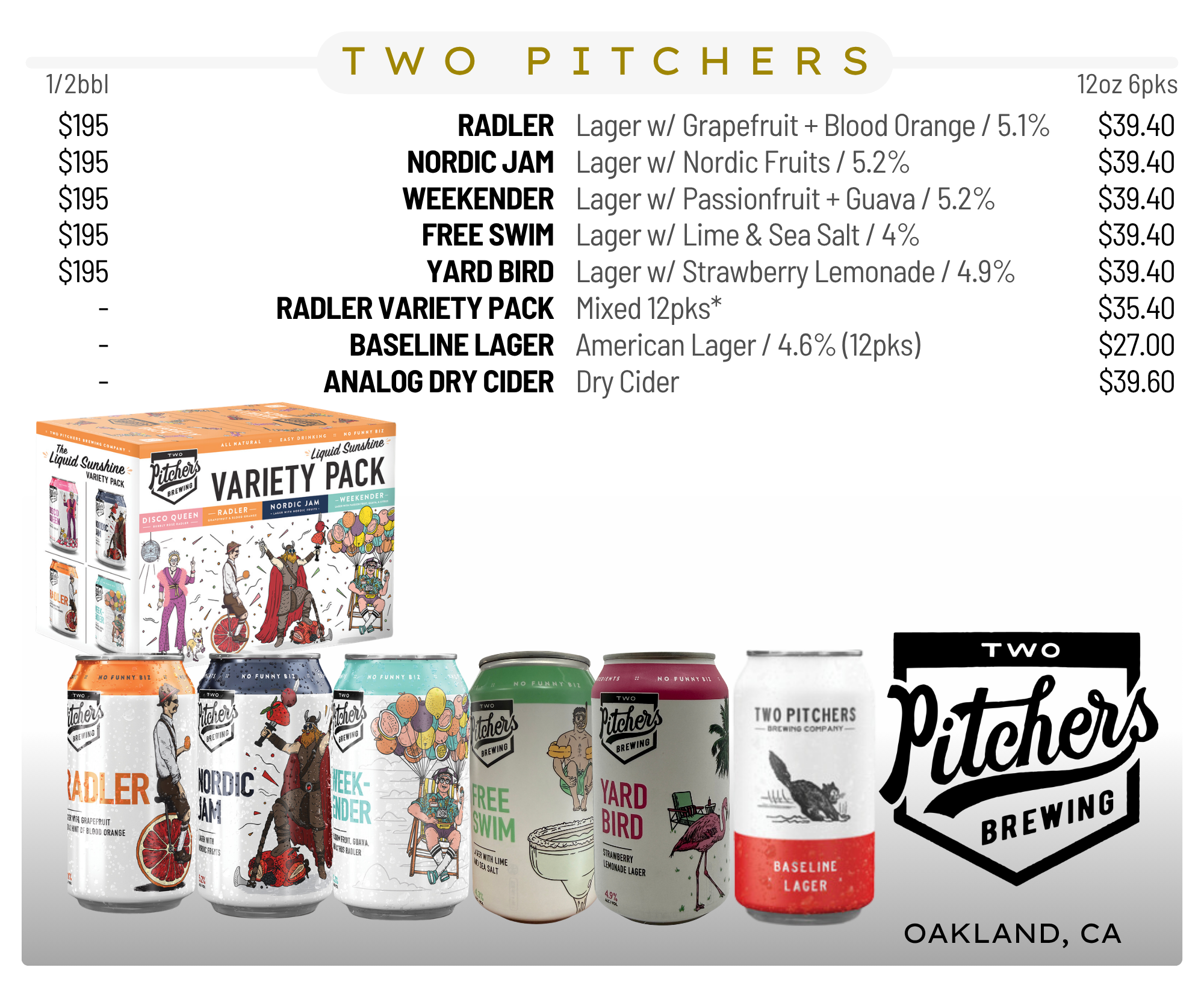 Display of various canned beers from Two Pitches Brewing Company, featuring different flavors and artwork, with a boxed variety pack and the company logo.