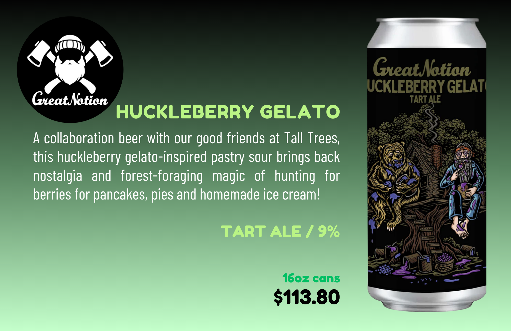 A black and green can of Great Notion Huckleberry Gelato Tart Ale featuring an illustrated outdoor scene with a lion and a man sitting on a log, surrounded by trees.