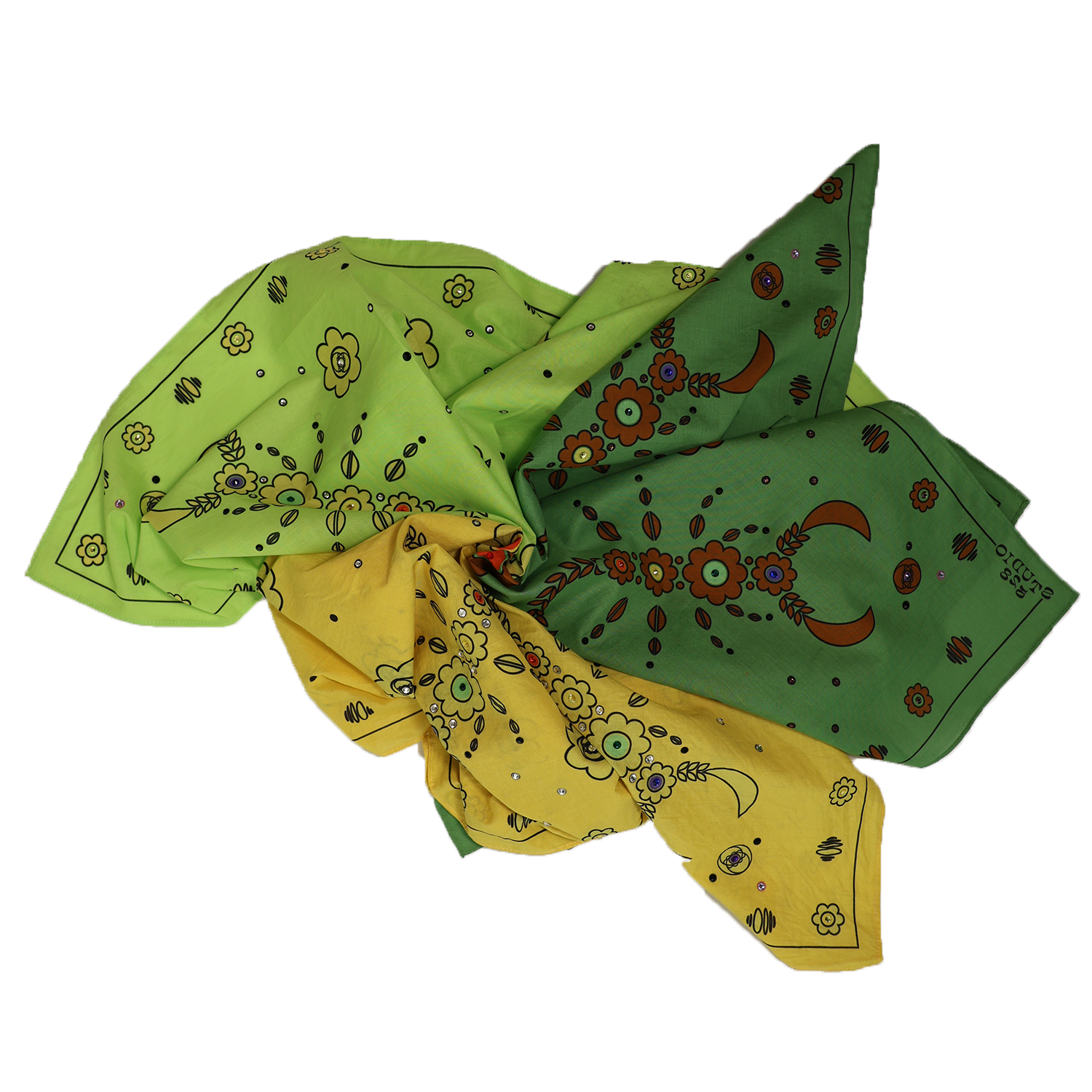 Colorful bandanas with floral and geometric patterns in green, yellow, and orange displayed in a layered, crumpled arrangement. Hand embellished with glass rhinestones.