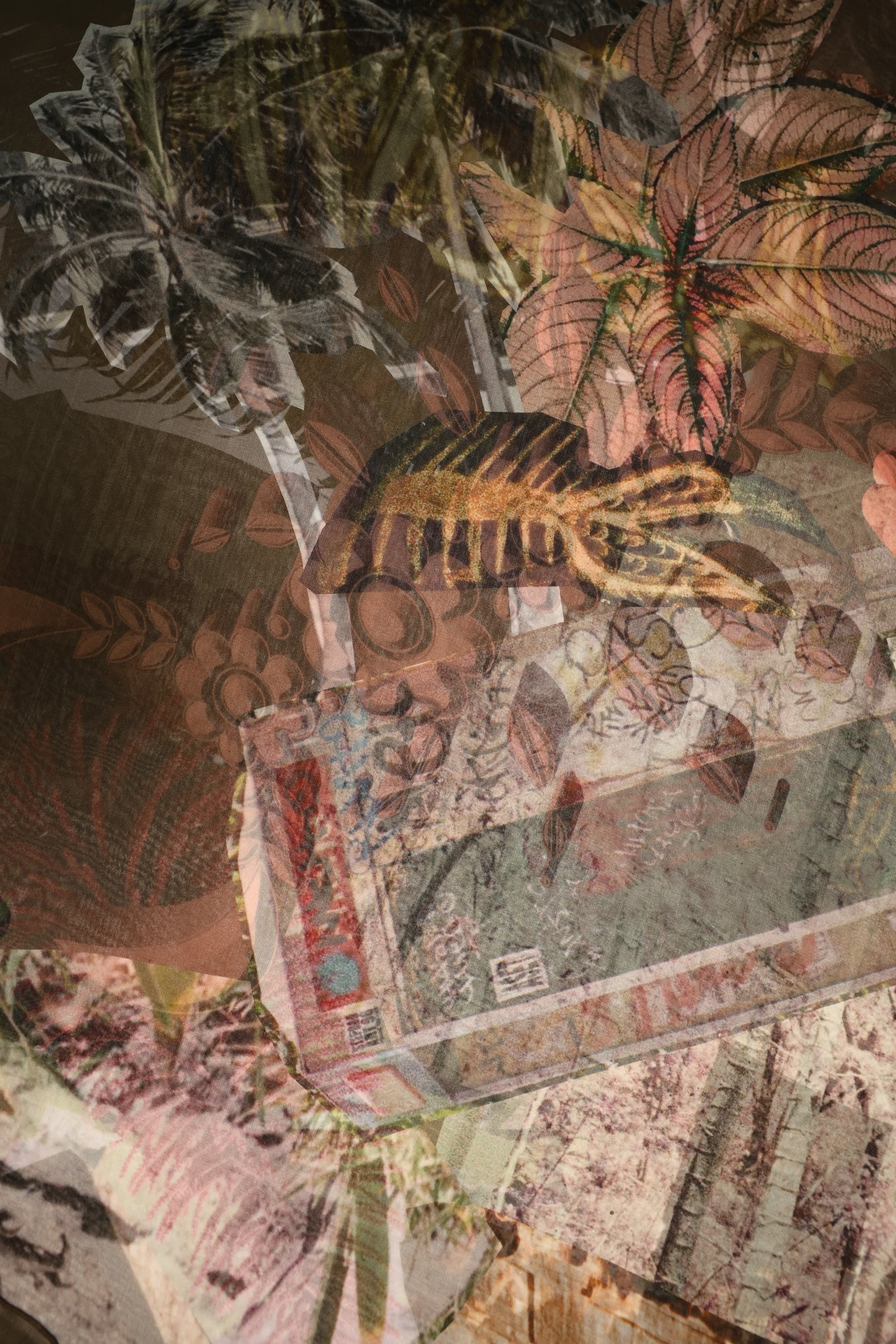 Sheer silk with Multiple overlapping images of colorful autumn leaves and patterns, creating an abstract collage.