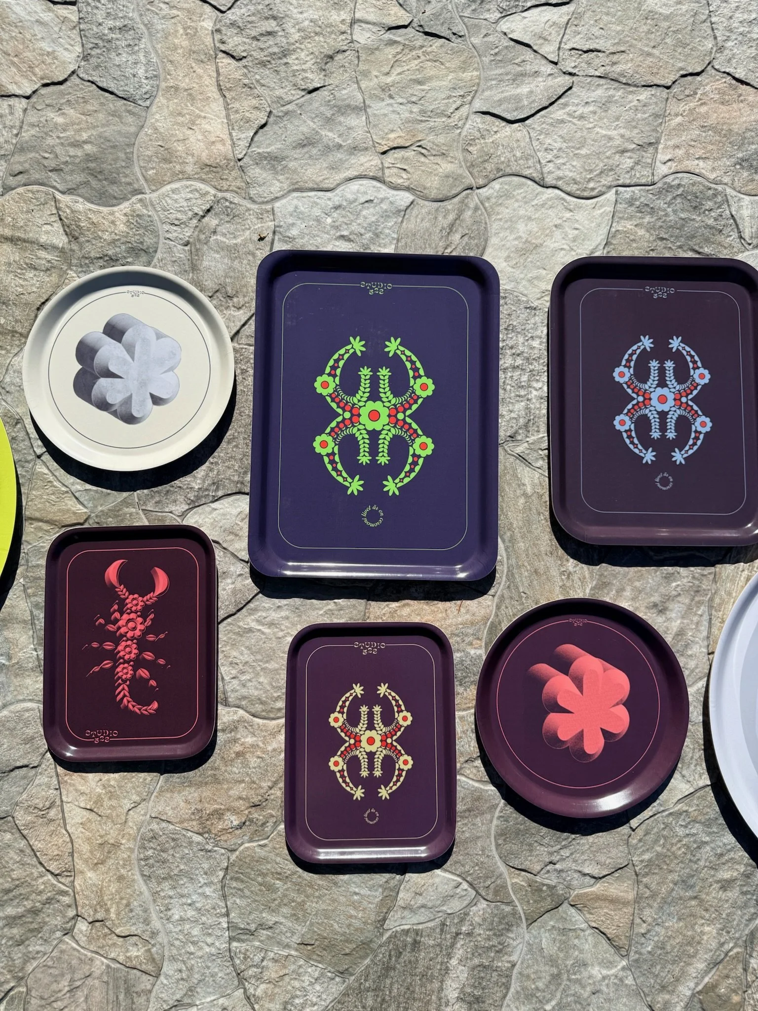 Multiple colorful trays with beetle designs on a stone surface.