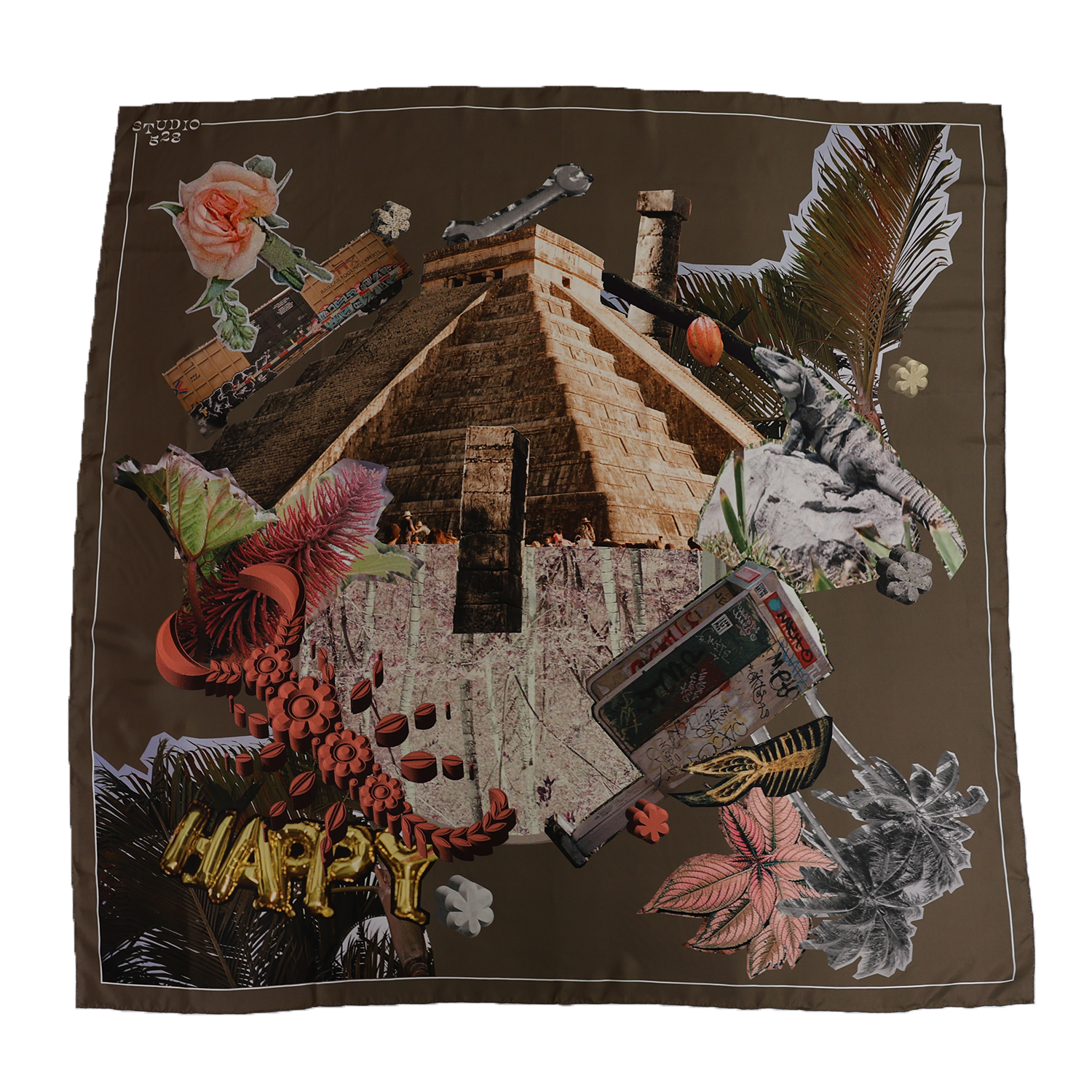 Collage featuring a Mayan pyramid, flowers, leaves, a gecko, a candle, a cigarette pack, and the word 'HAPPY' in gold; arranged with various natural and man-made elements.