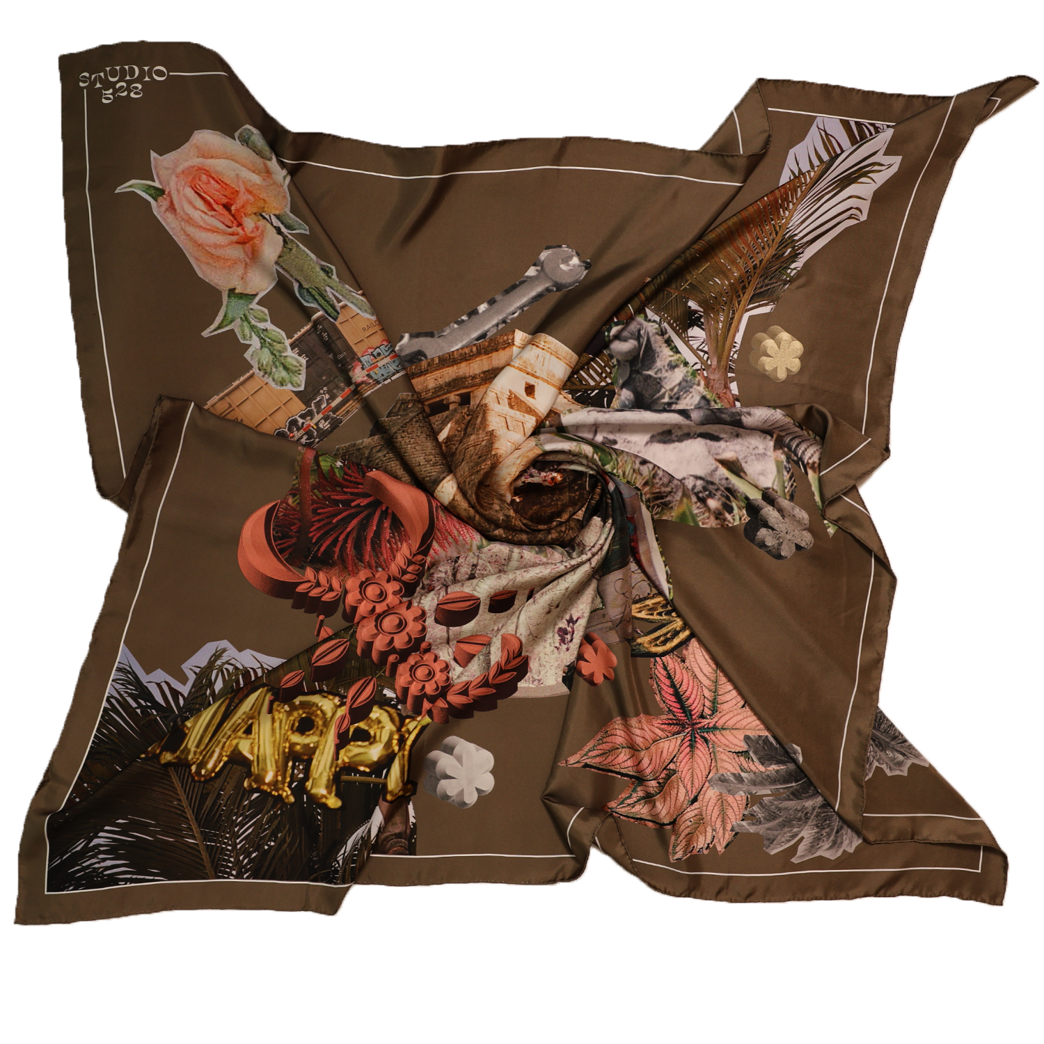 A decorative oversized 6A mulberry silk scarf with a collage featuring a tropical theme, featuring images of flowers, leaves, and text, in brown, pink, green, and black colors.