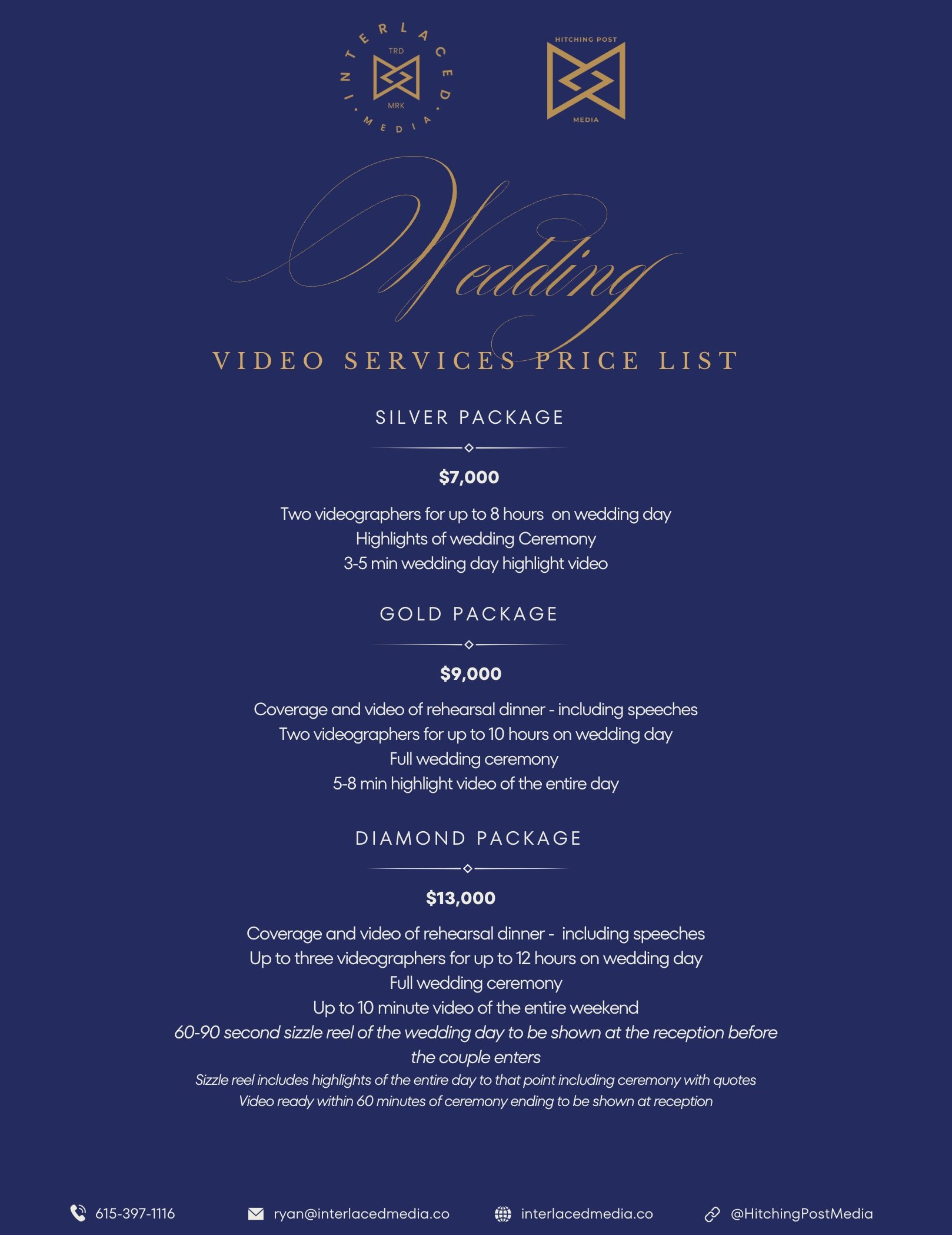 Wedding video services price list with three packages: Silver for $7,000, Gold for $9,000, and Diamond for $13,000, including details of services and contact information.
