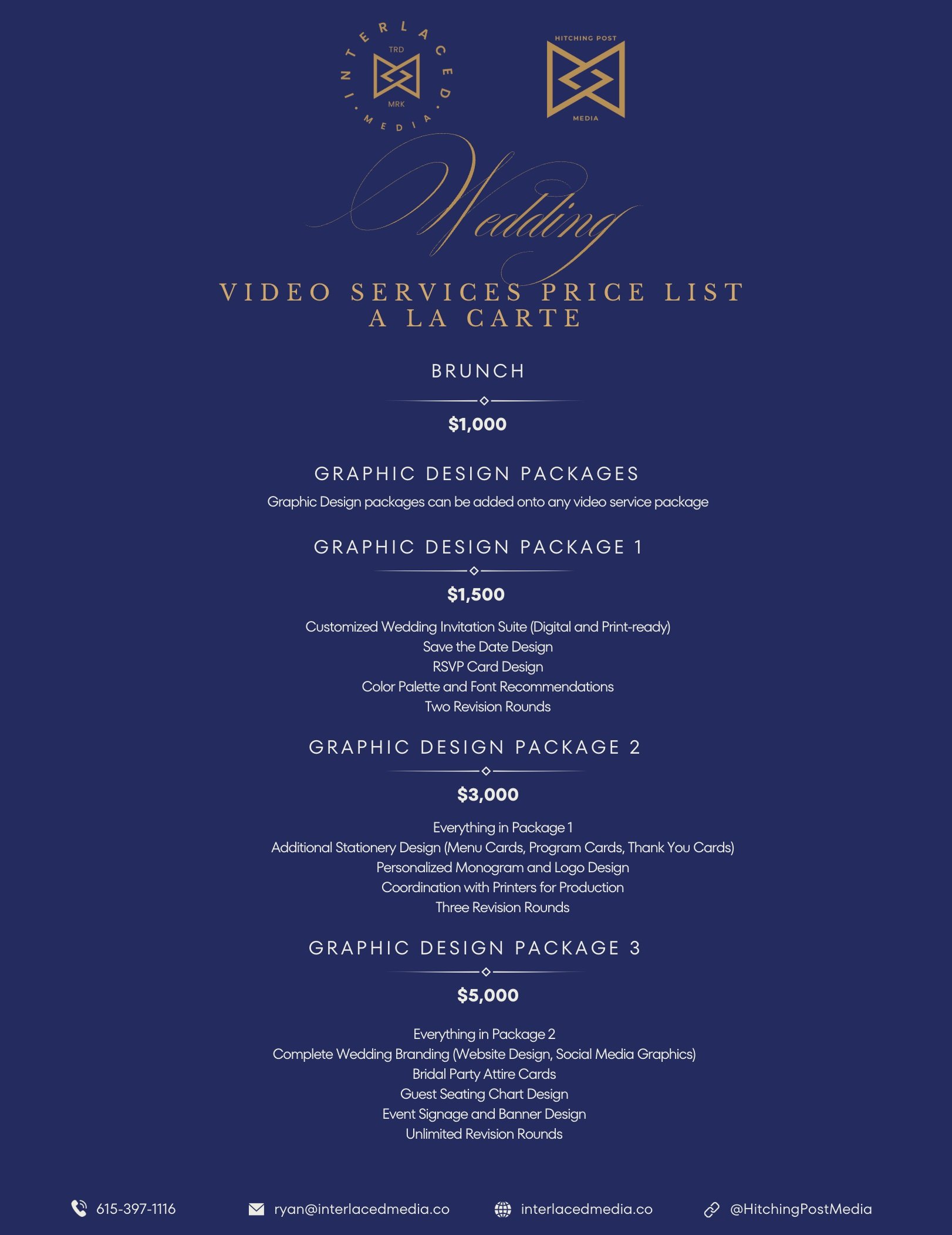 Wedding video services price list infographic with dark blue background, includes gold and white text, logos at top, and contact info at bottom.