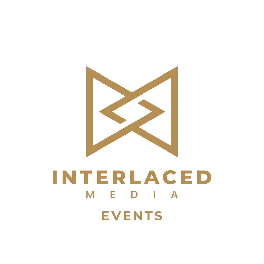 Logo for Interlaced Media Events featuring a geometric black and gold design with the company name and description.