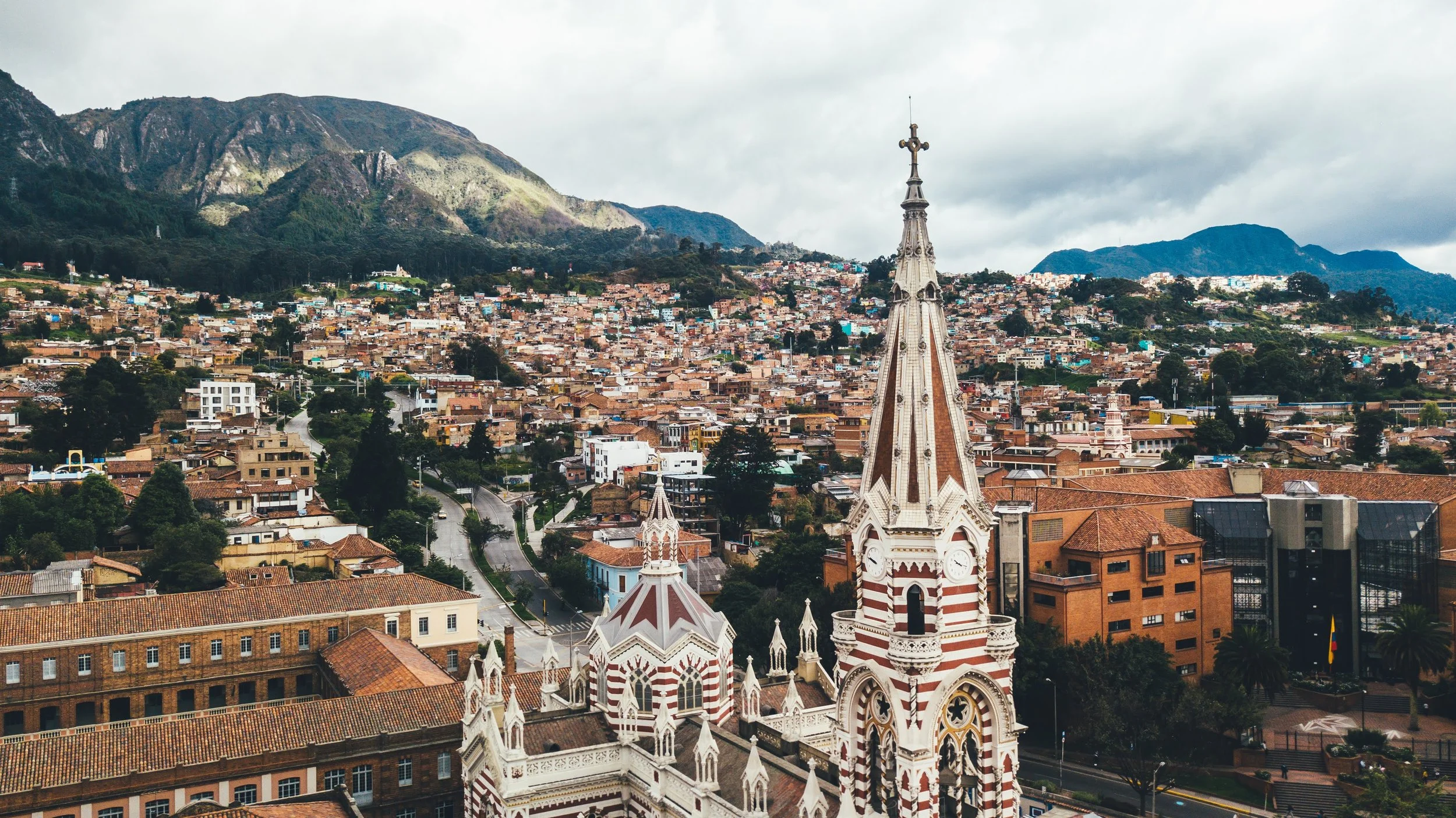Bogota colombia church and mountains drone