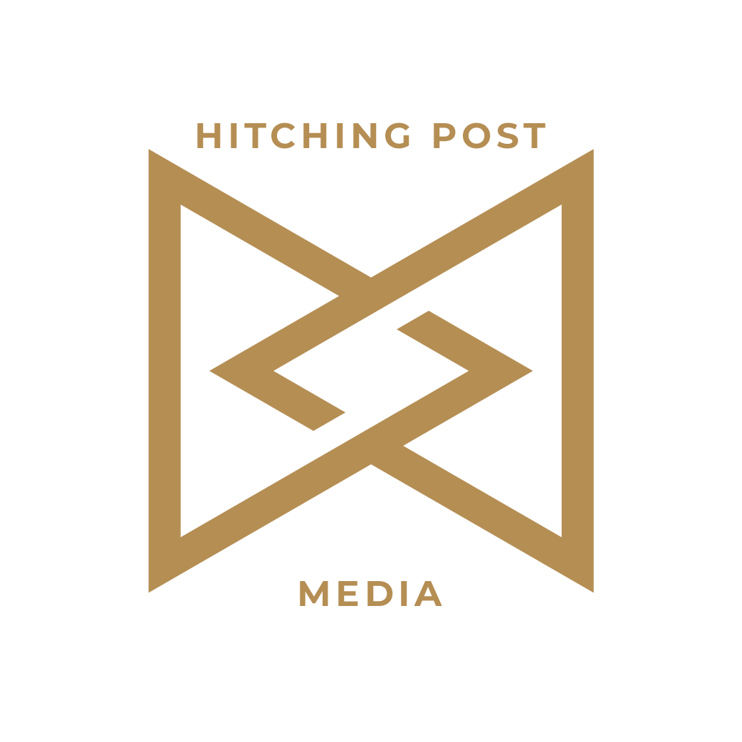 Logo for Hitching Post Media featuring an abstract geometric design in gold on black background with the words 'Hitching Post Media'.