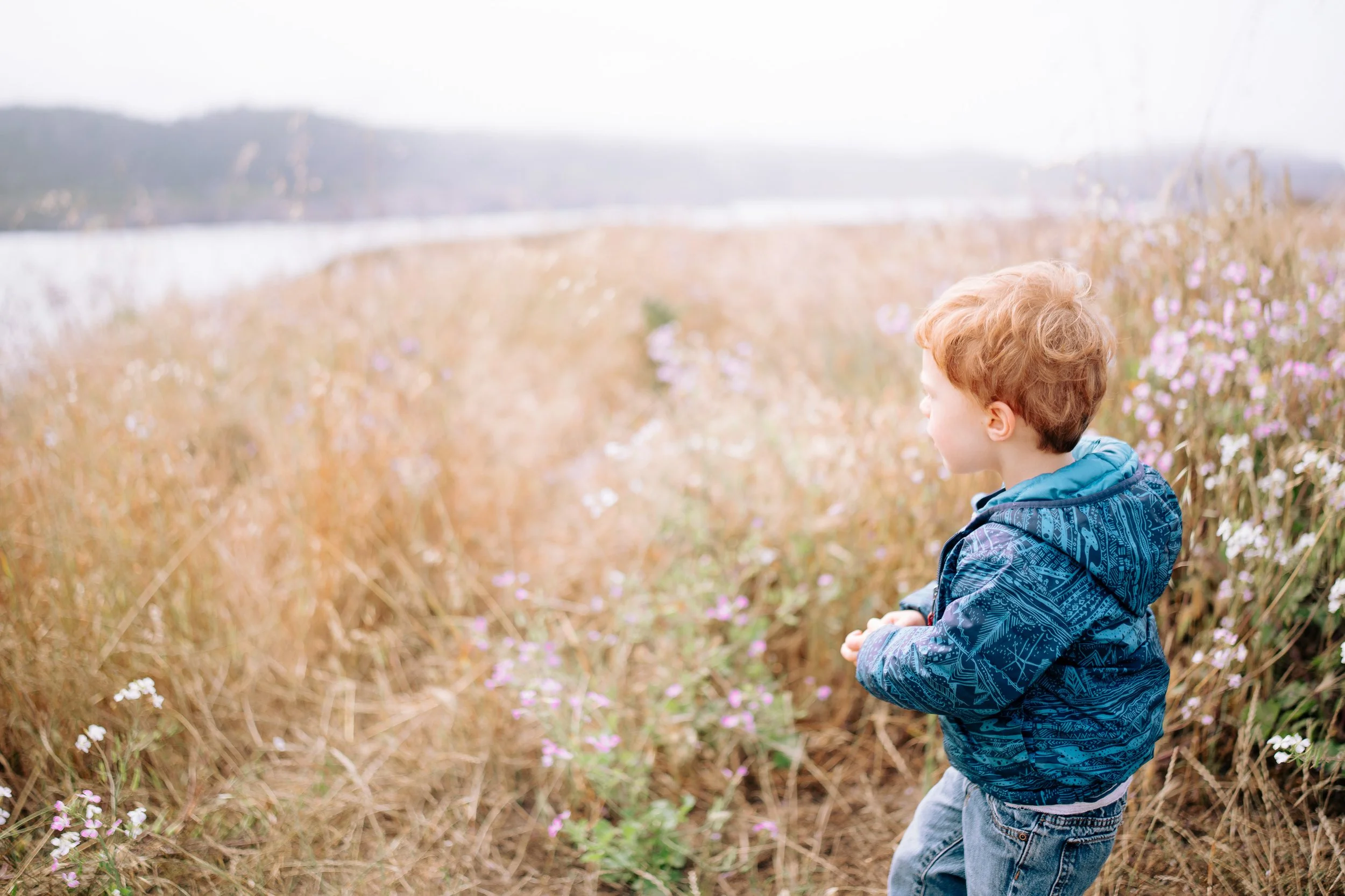 A little boy running in the meadow near an alpine lake for family photos near breckenridge.