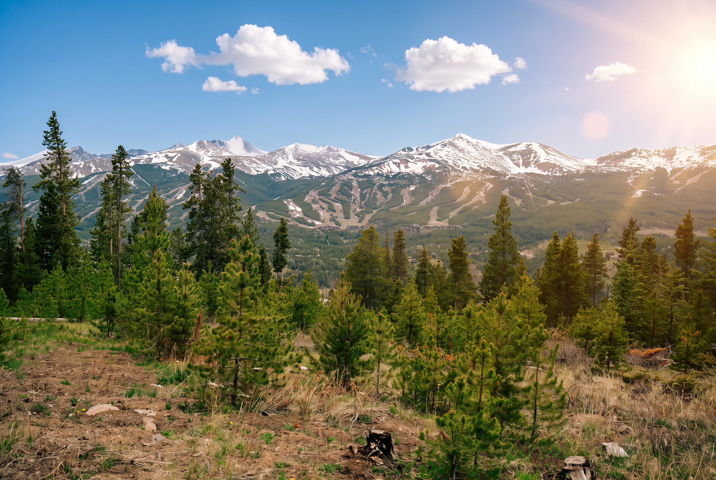 High-alpine overlook session near Breckenridge, Colorado, with evergreen forest and resort views