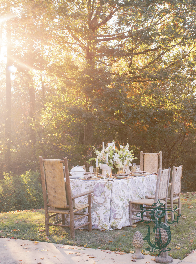 Outdoor dining table set for a meal with chairs, floral centerpiece, and tableware, under a large tree in sunlight.