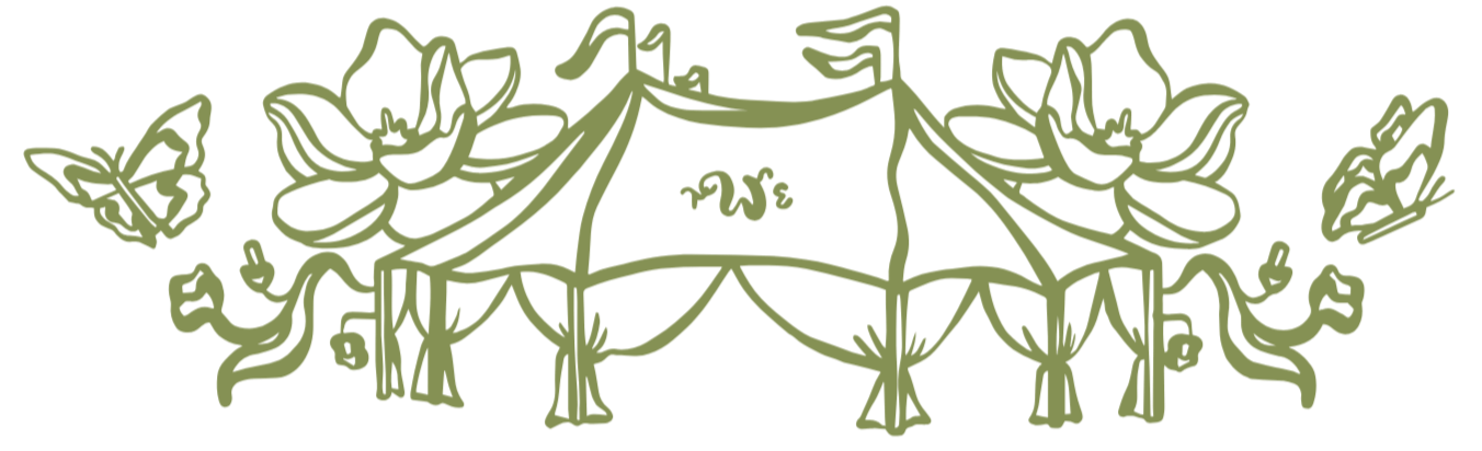 A decorative illustration of a draped canopy with flowers, butterflies, and swooping lines in a light green color.