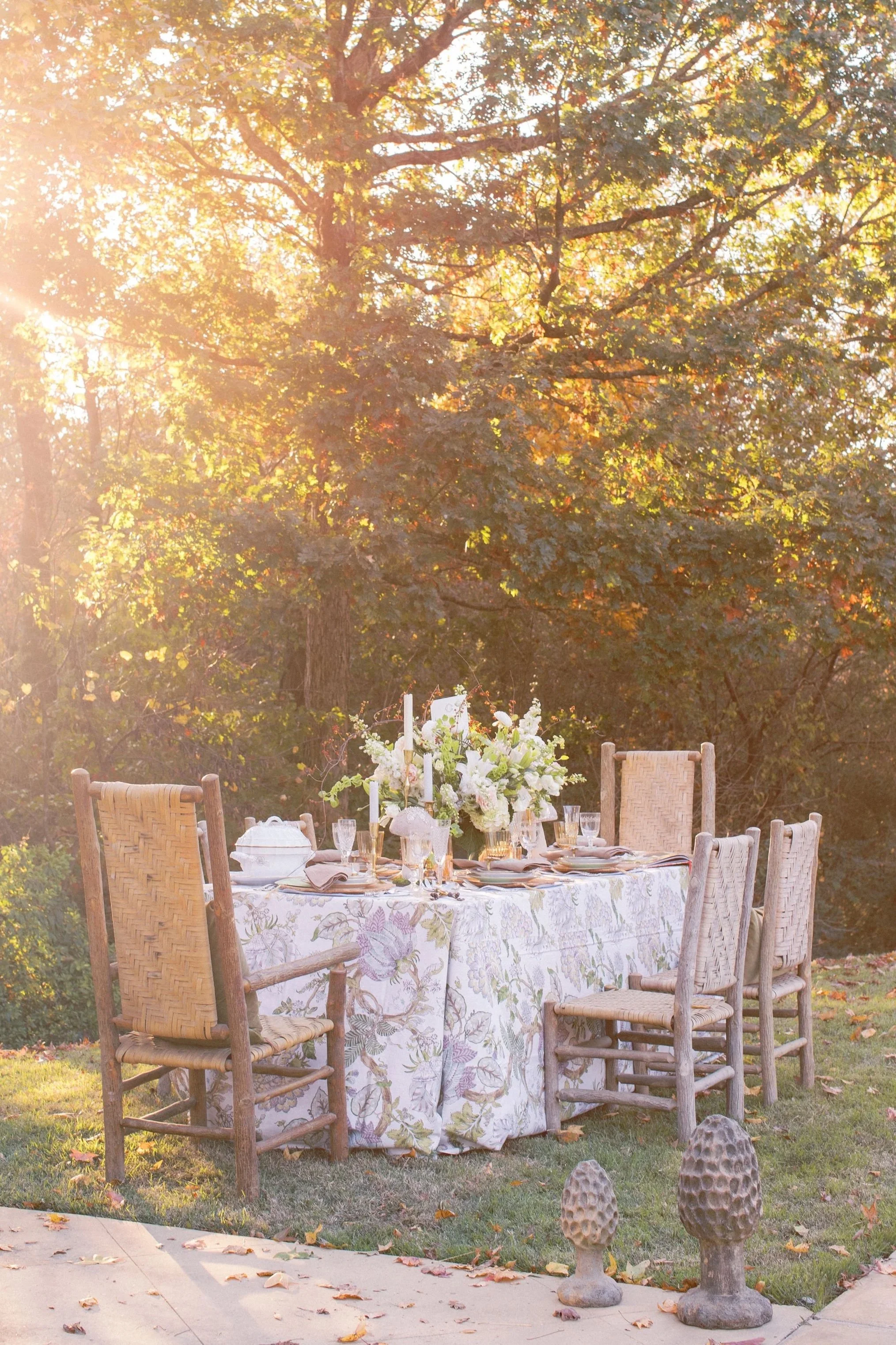 Outdoor dining table set for a meal with chairs, floral centerpiece, and tableware, under a large tree in sunlight.