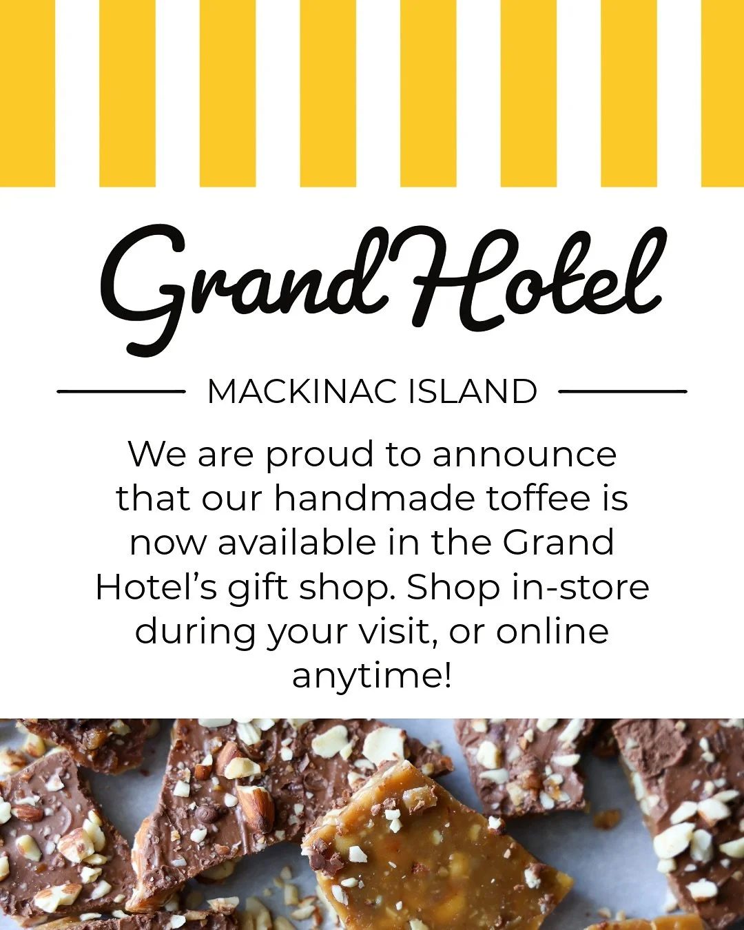 We’ve officially landed on Mackinac! 🛳️⚓️ So thrilled to be partnering with such an iconic Michigan landmark ♥️💙 @grandhotelmichigan 
Stop by the gift shop to pick up a bag of our michigan made toffee. Not visiting soon? Order on