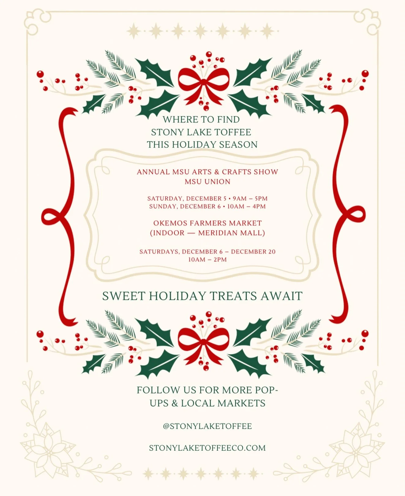 Stony Lake Toffee is popping up all season long! 🎄✨
 
Here&rsquo;s where you can find us for handmade, small-batch holiday toffee.  Perfect for gifting&hellip; or treating yourself 🤗 See you there!
.
.
#StonyLakeToffee #MichiganMade #HandmadeToffee