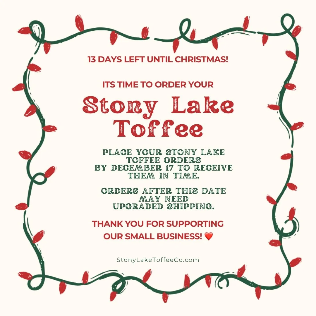 Just a sweet reminder&hellip; there are 13 days left until Christmas! 🎄🤍
Order your Stony Lake Toffee by December 17 to make sure it arrives in time for gifting (or snacking 😋).
We appreciate your support more than you know!
.
.
#StonyLakeToffee #