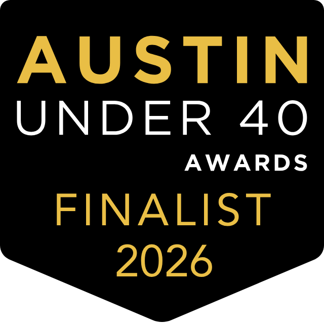 Austin Under 40 Awards finalist badge for 2026, with gold and white text on a black background.