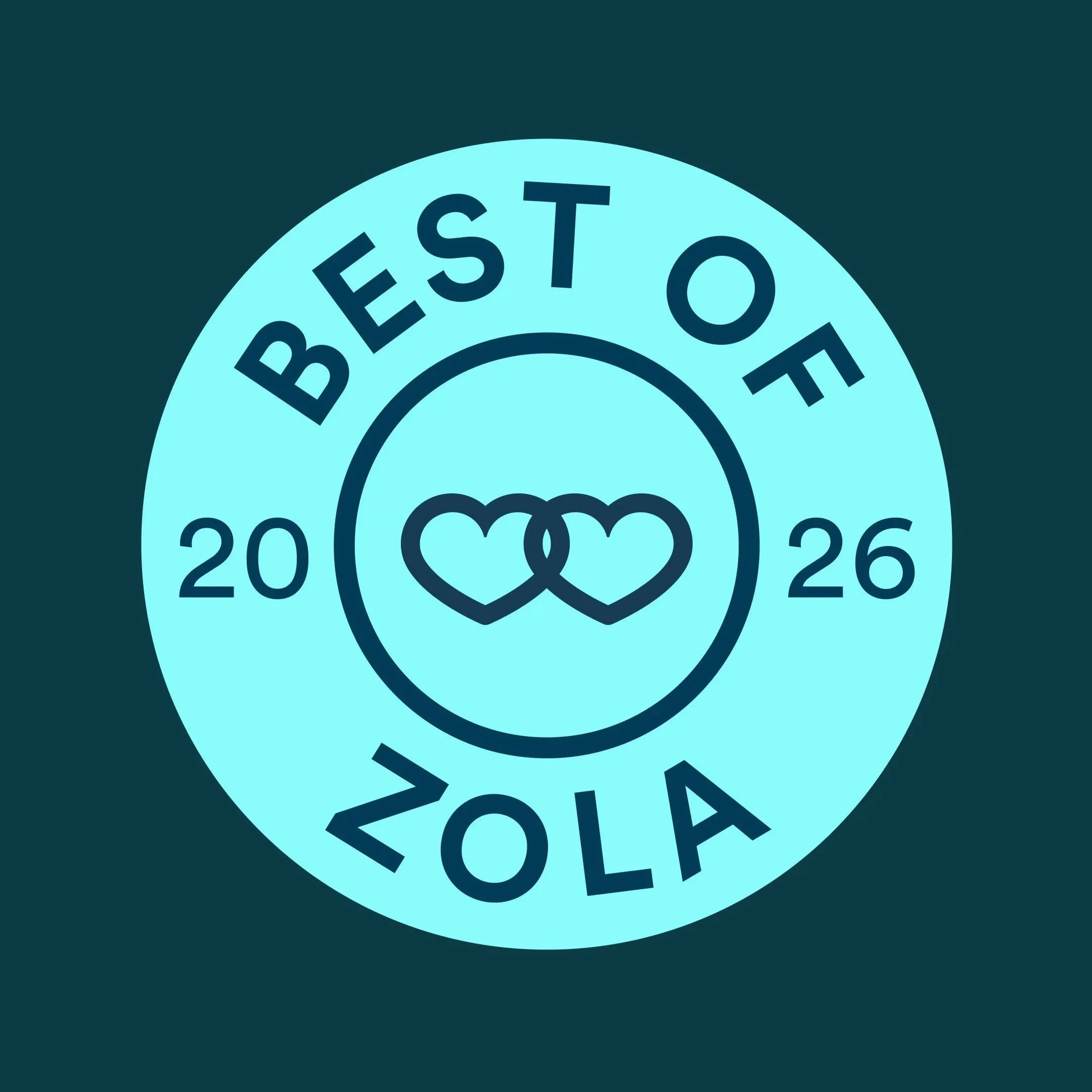 A circular badge with the text 'Best of Zola 2026' and two overlapping hearts in the center, on a dark blue background.