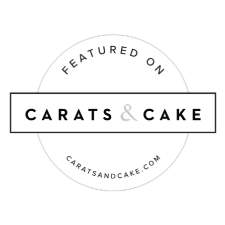 Logo for Carats & Cake featuring a black background with white circular and rectangular text, stating "FEATURED ON" at the top, "CARATS & CAKE" in the center, and "CARATSANDCAKE.COM" at the bottom.