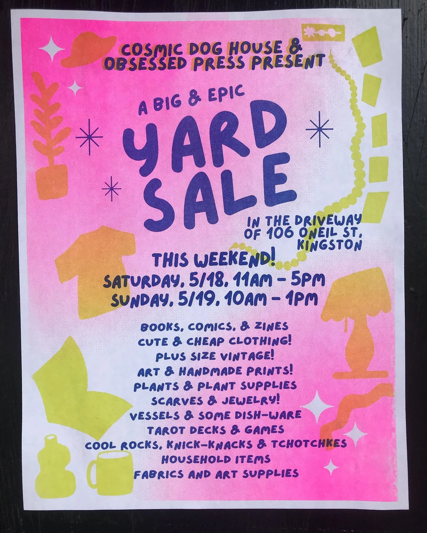 Big and Epic Yardsale with @rakel.makes.mistakes of @obsessed_press this weekend! Feelin proud of this flashy riso printed poster I made, swipe for print nerd detail pics and process videos. 

The yardsale will be this weekend, Saturday May 18th from