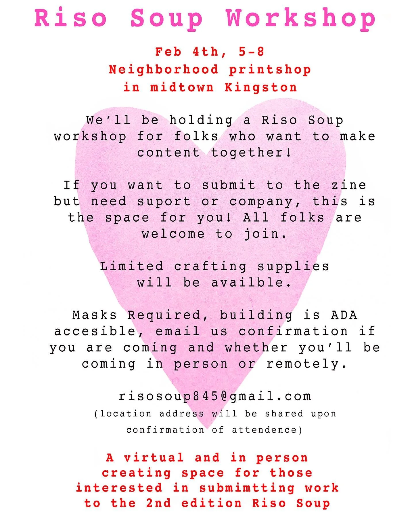 Interested in submitting to riso soup but not sure where to start? Want to hang out with some rad folks and make art together for our upcoming issue? On February 4th, from 5-8, we&rsquo;ll be holding a virtual and in person creating space for those i