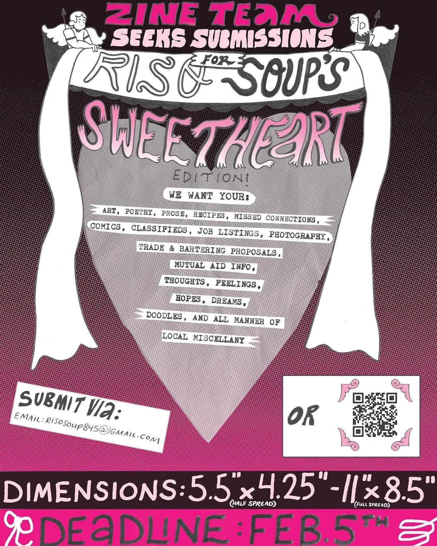 Here ye, here ye! The Riso Soup team is collecting submissions for Volume II of Riso soup, the Sweetheart edition! Link in bio to submit ✨💌💖

Quick turnaround: submission deadline is Feb 5th 

Even though we are going with a heart-felt theme, submi