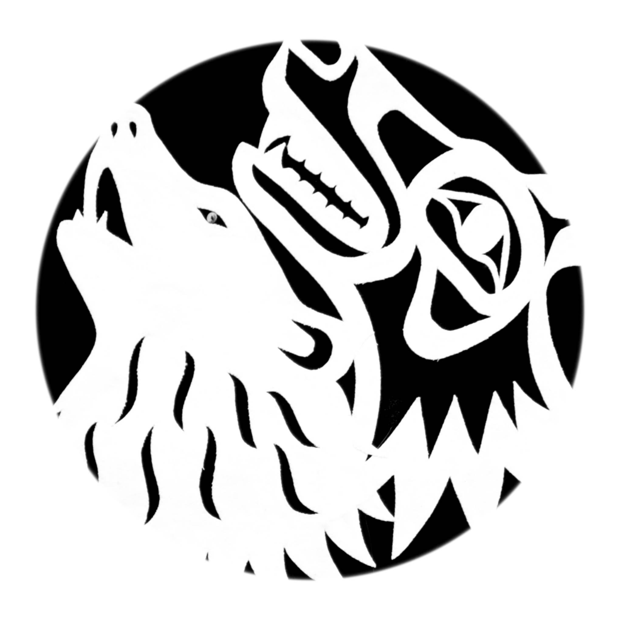 Black and white circular cutout illustration of a wolf and a dragon facing each other, split into contrasting light and dark halves.