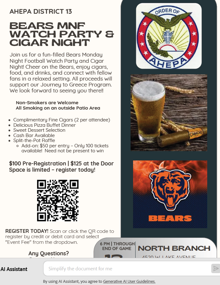 Dist 13: Bears Monday Night Football and Cigar Night