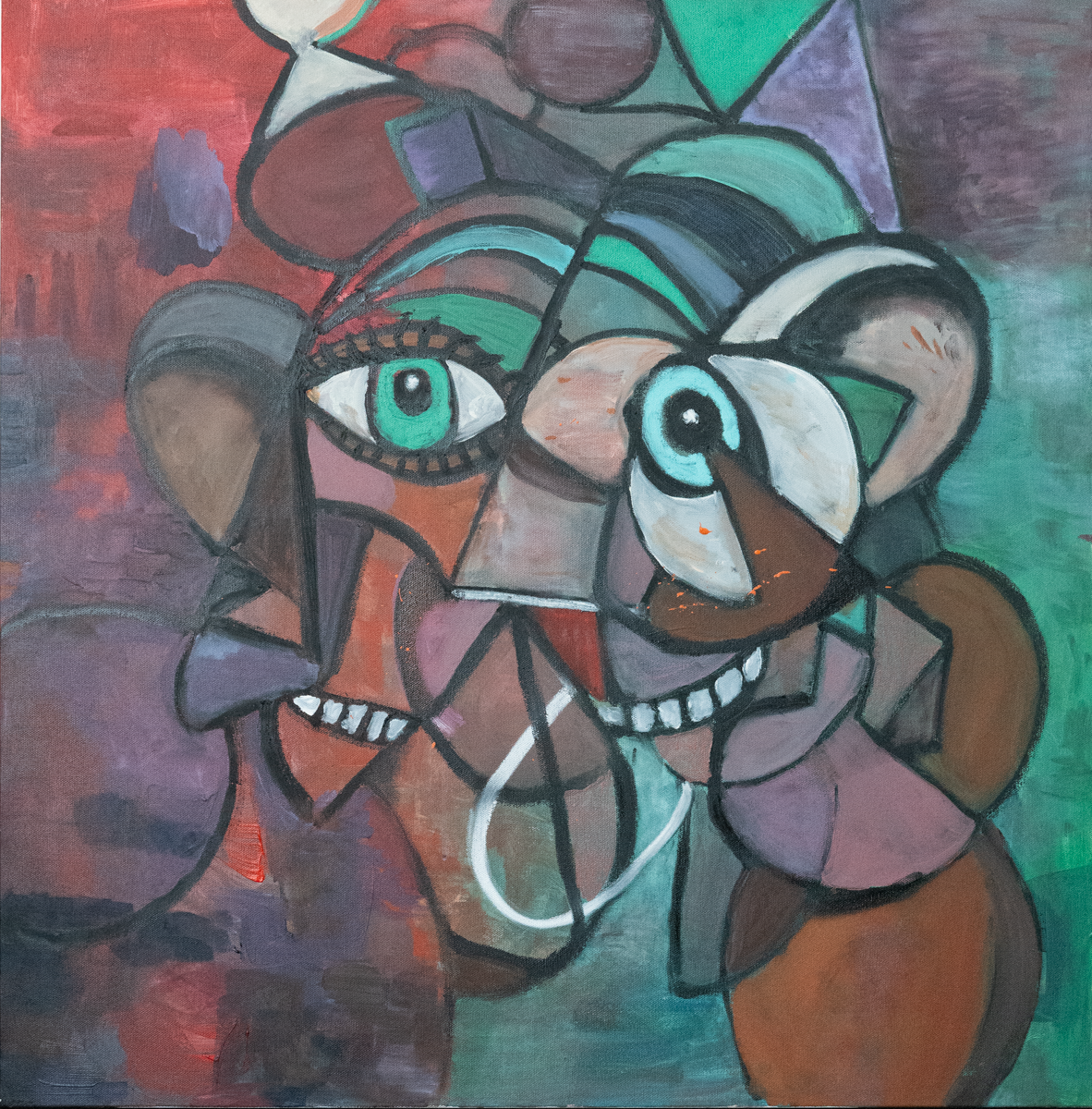 Red, green, and purple abstraction. 30 x 30. Acrylic, oil stick on canvas.
