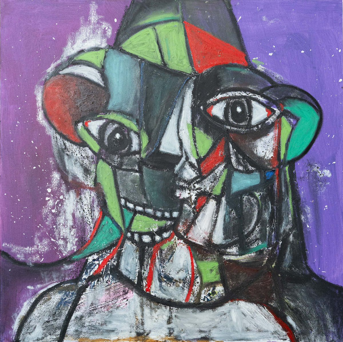 Purple abstraction. 30 x 30. Acrylic, oil stick on canvas.