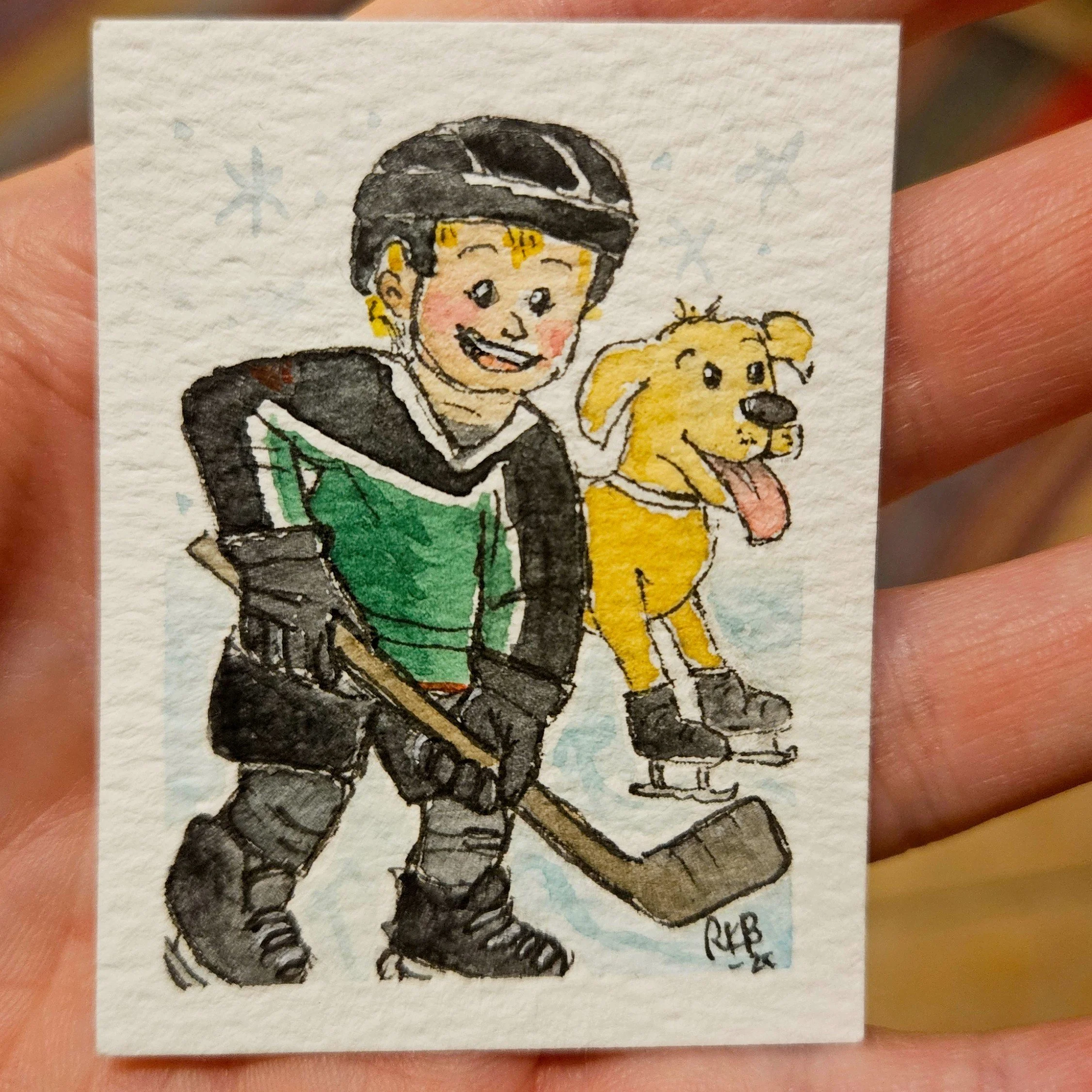 "Hockey"  5 x 6,5cm
(original from an AI image) 
aquarell on paper
#100tinyreasures