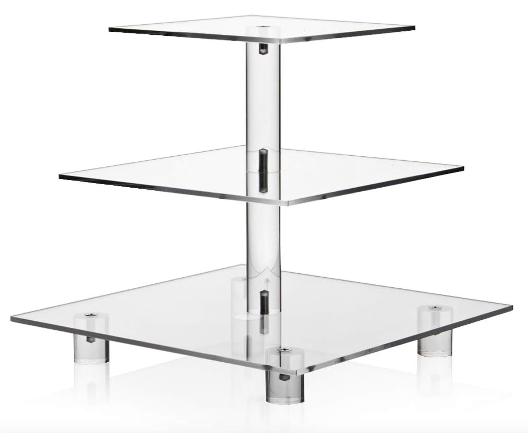 Three-tier metal display stand with adjustable height, made of shiny metal, with a pole in the center and three square-shaped shelves.