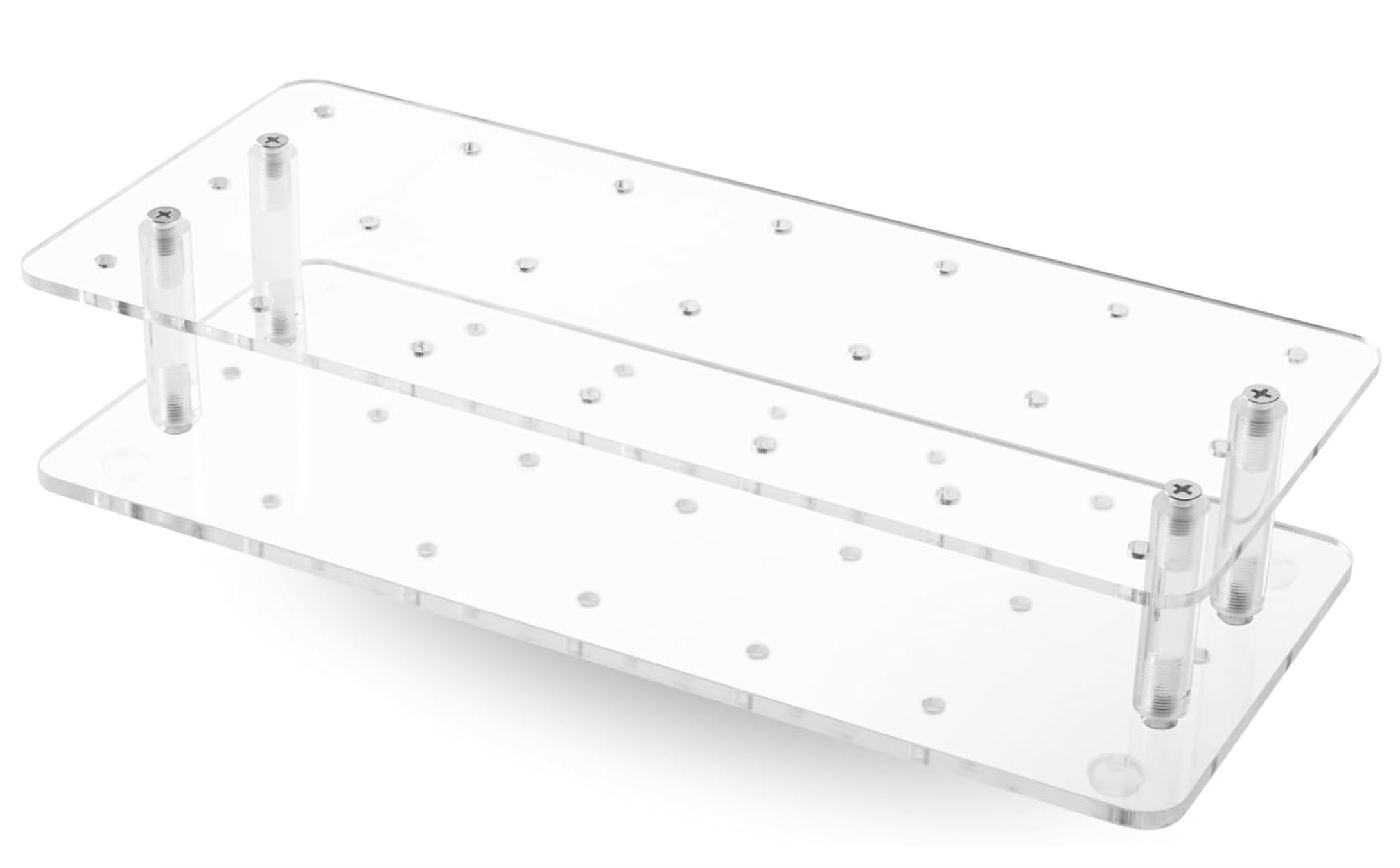 Clear acrylic tiered display stand with four cylindrical standoffs at each corner, assembled with visible screws.