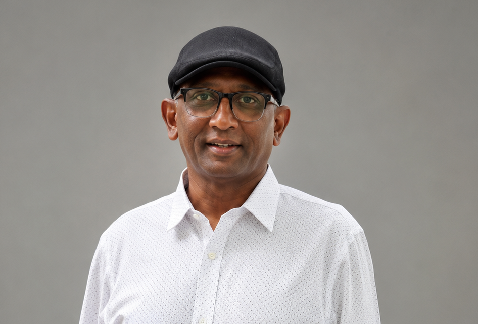 A man wearing a white shirt, black cap, and glasses standing outdoors in front of parked cars, with green trees and a building in the background.